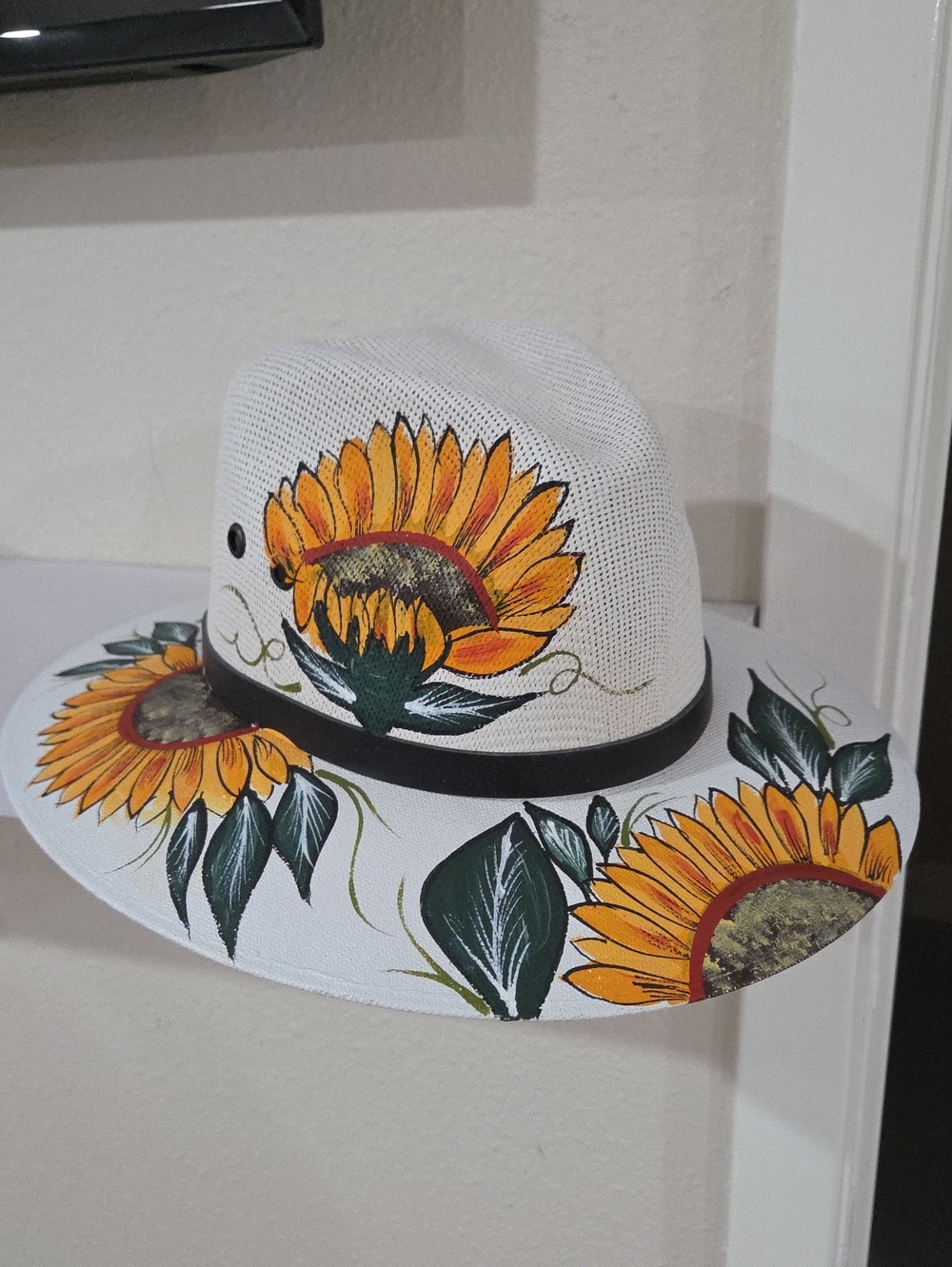 White Sun Hat with Hand-Painted Sunflowers